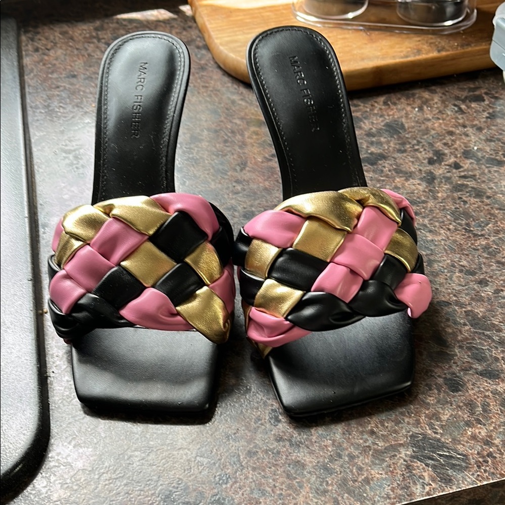 Marc Fisher Black and Pink Woven Sandals